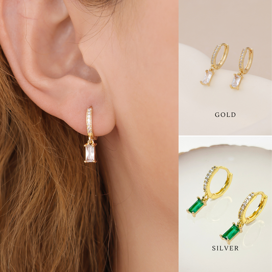 E143 paved baguette dangle huggie hoop earrings