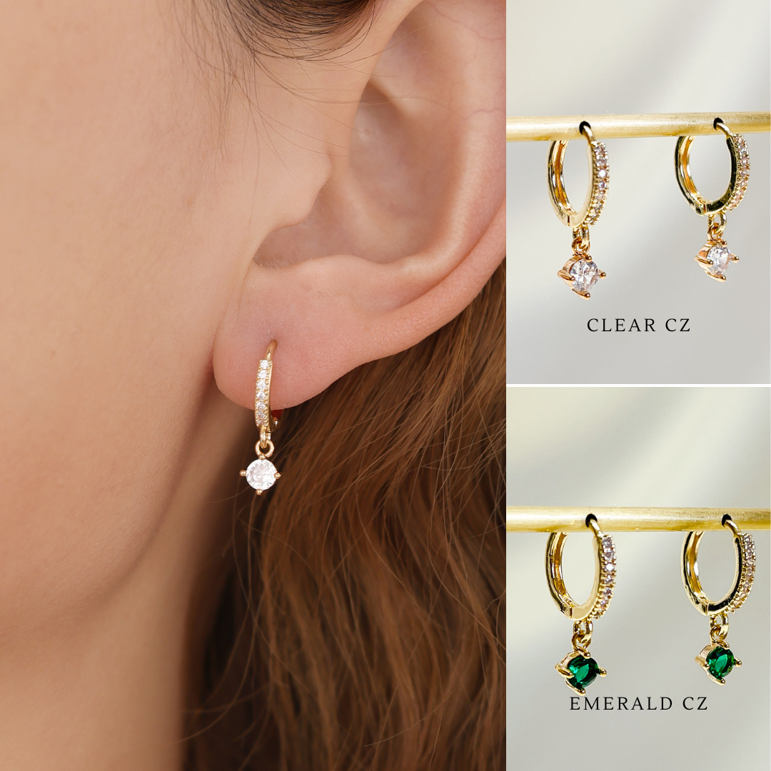 E156 gold solitaire dangle paved huggie hoop earrings