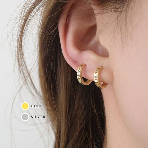 E065 18k gold vermeil dainty roman numeral hoop huggie earrings