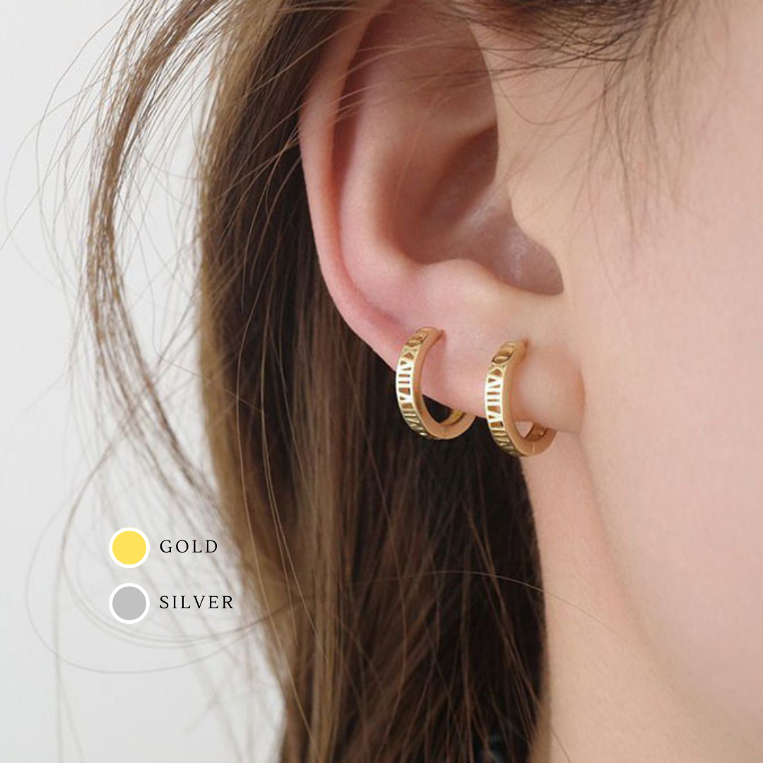 Gold Vermeil E065 Roman Numeral huggie Earrings