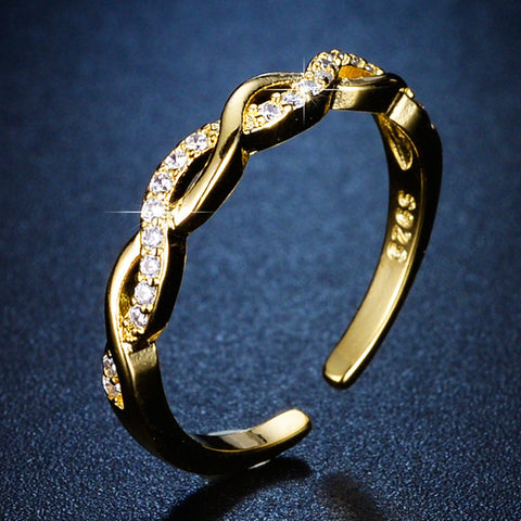R028 gold infinity twisted crystal paved open adjustable ring
