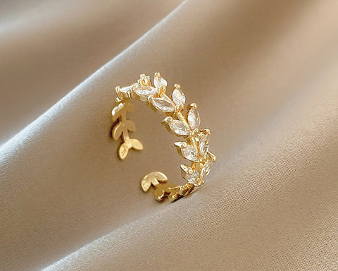 R009 gold flower leaf crystal open adjustable ring