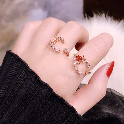 R020 rose gold moon star crystal gem adjustable ring