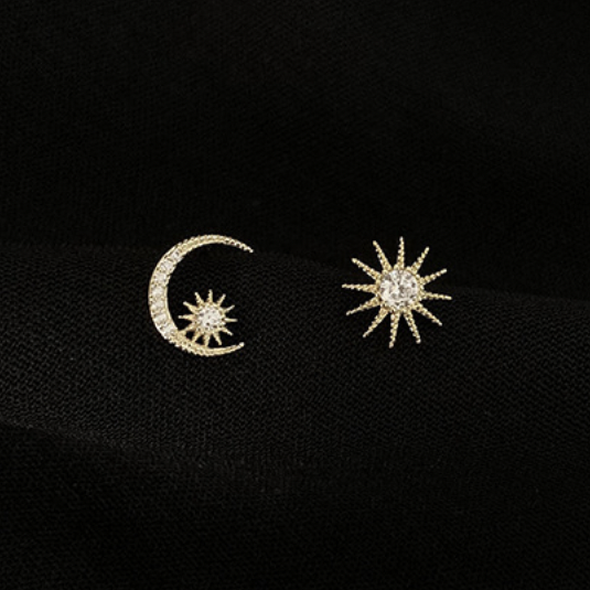 Gold Vermeil lauren mismatched star moon stud paved earrings