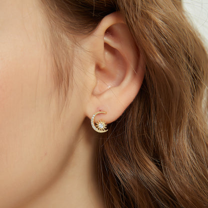 Gold Vermeil lauren mismatched star moon stud paved earrings