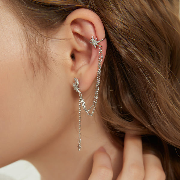Laila Silver Pave Long Chain with Ear Cuff Earrings