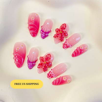 PO079 3D pink orchid flower press on nails