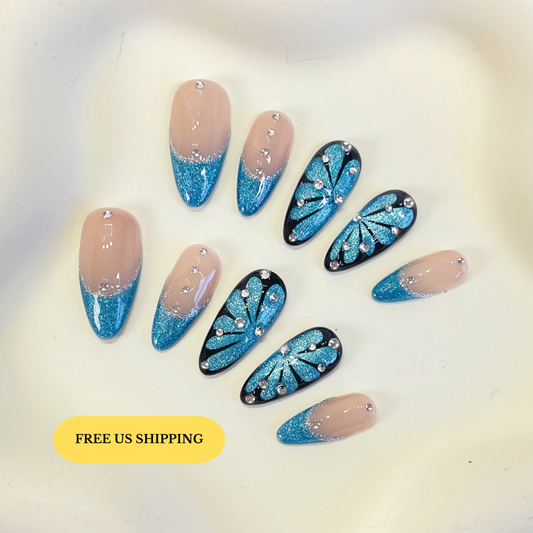 PO086 cateye blue butterfly almond press on nails