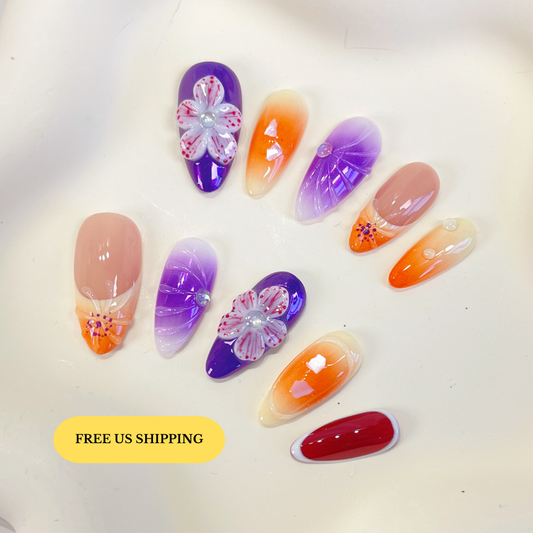 PO087 purple flower almond press on nails