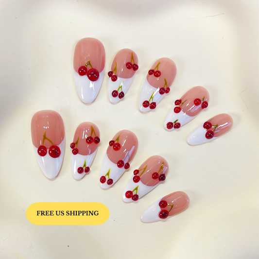 PO090 red cherry french tip almond press on nails