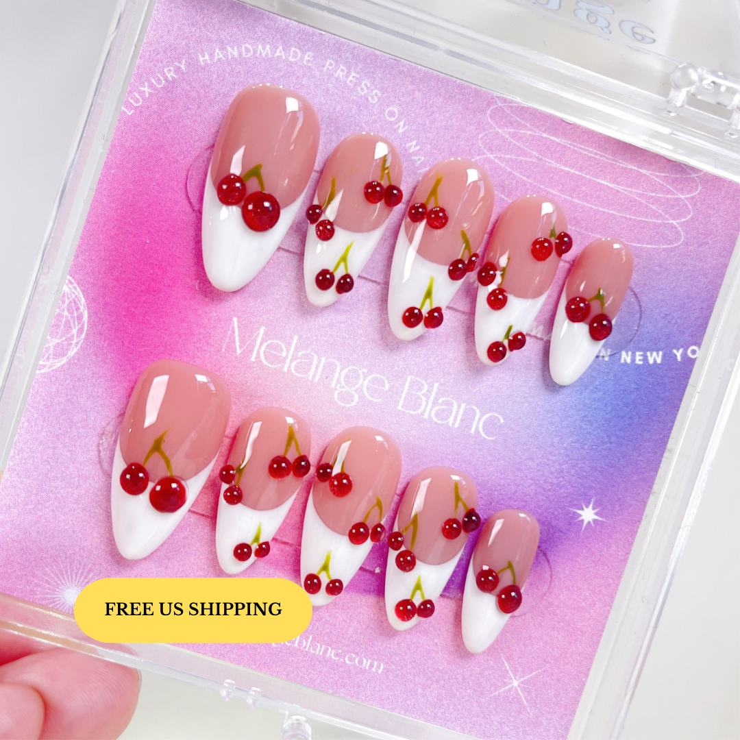 PO090 red cherry french tip almond press on nails