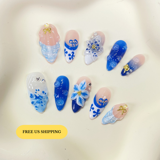 PO092 blue orchid flower ocean theme press on nails