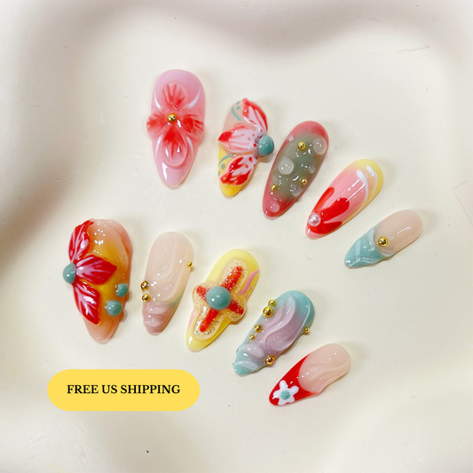 PO093 colorful flower garden almond press on nails