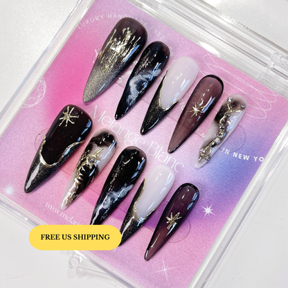 PO070 Black & White galaxy Stiletto Press-On Nails