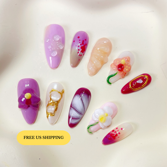 PO094 purple orchid flower almond press on nails