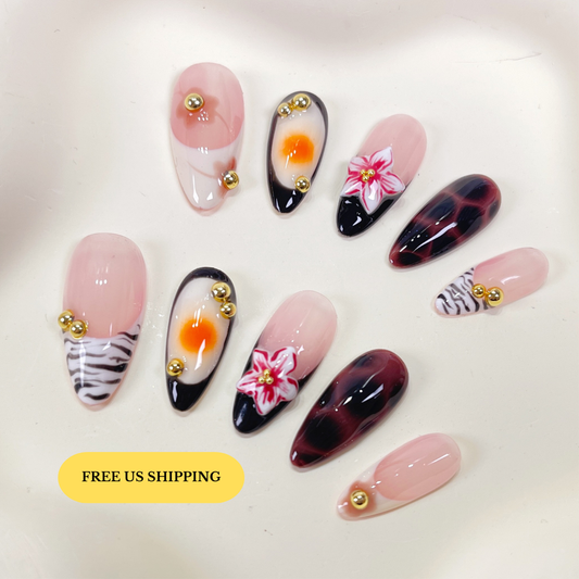 PO095 3d flower autumn almond press on nails