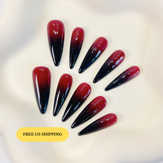 PO071 black red ombre stiletto press on nails