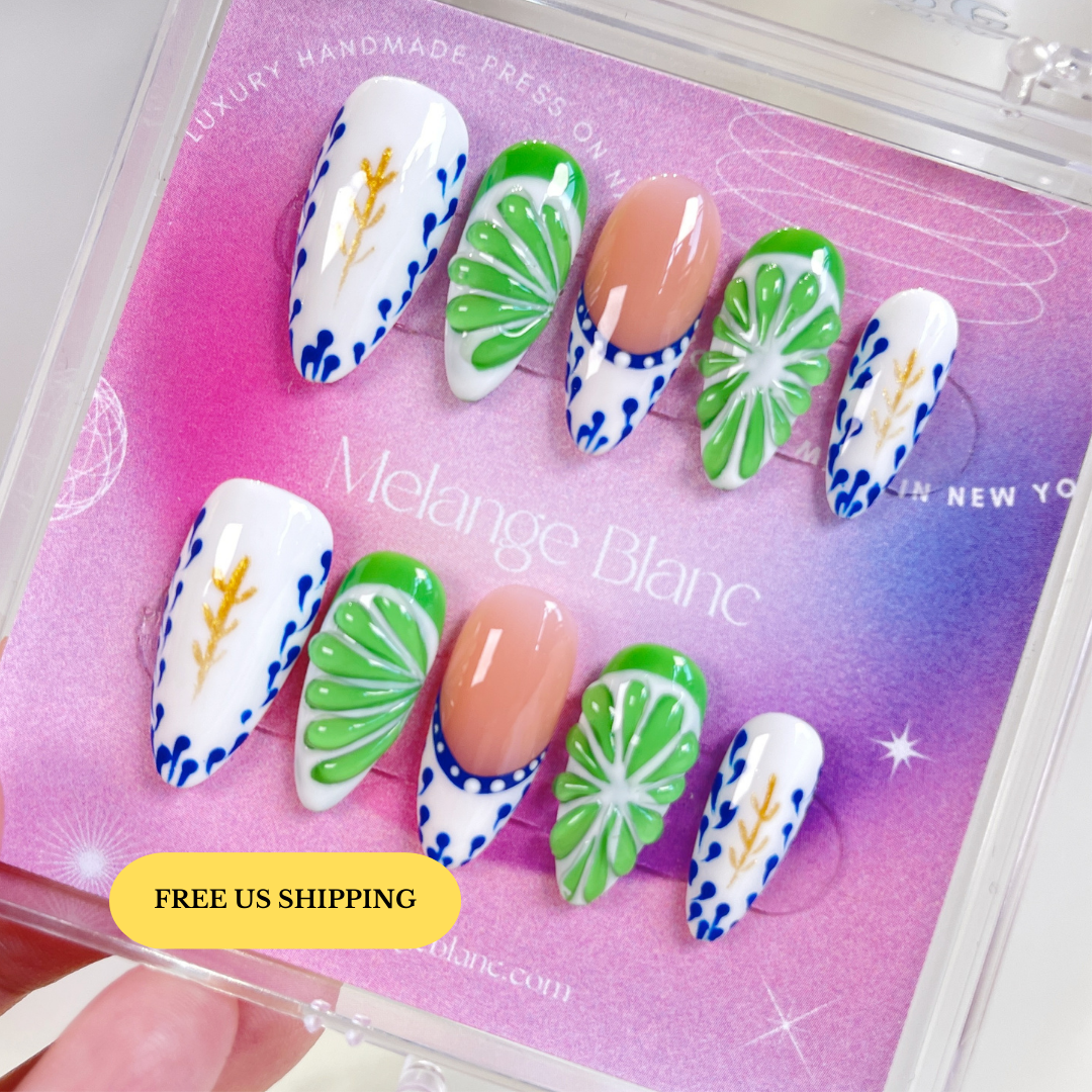 PO072 3D green lime fruit almond press on nails