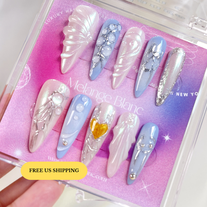 PO073 3D blue seashell ocean stiletto press on nails