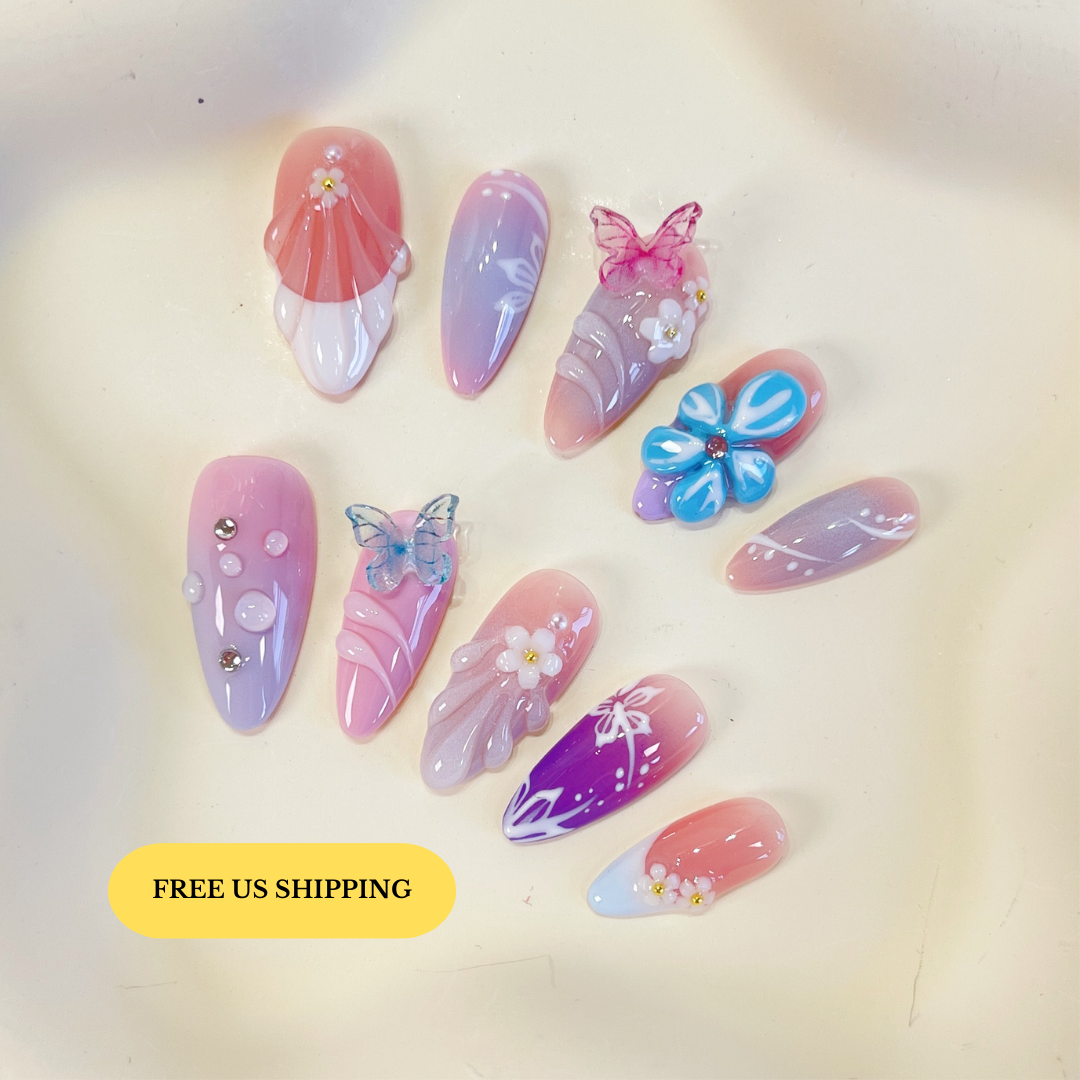 PO075 3D butterfly flower almond press on nails