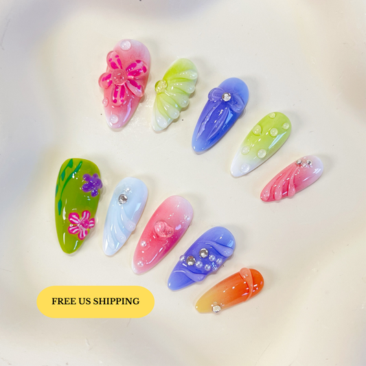 PO076 3D colorful flower almond press on nails