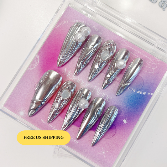 PO068 3D chrome silver metallic stiletto press on nails