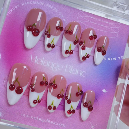 PO090 red cherry french tip almond press on nails