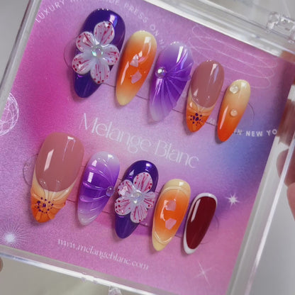 PO087 purple flower almond press on nails