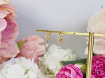 E019 gold baguette dangle huggie hoop earrings