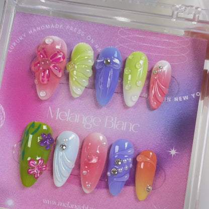 PO076 3D colorful flower almond press on nails