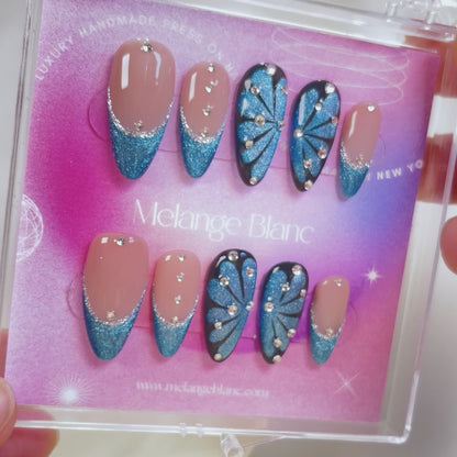 PO086 cateye blue butterfly almond press on nails