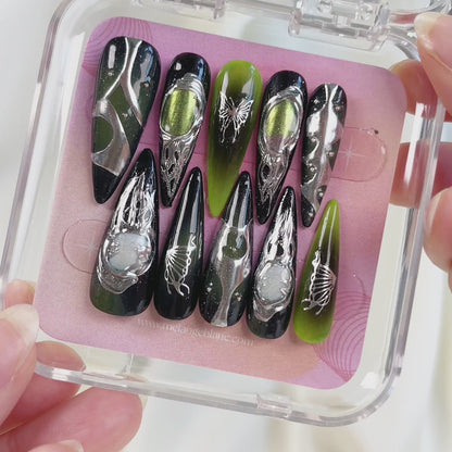 PO029 cyberpunk green gothic long stiletto press on nails