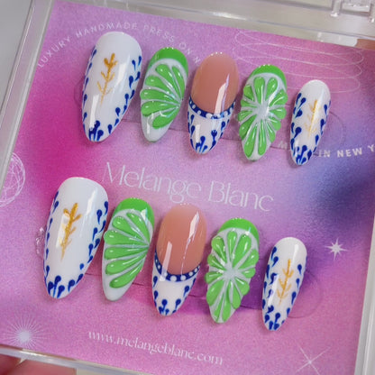 PO072 3D green lime fruit almond press on nails