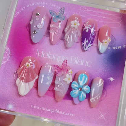 PO075 3D butterfly flower almond press on nails