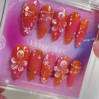 PO074 3D red orange flower press on nails