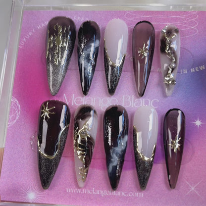 PO070 Black & White galaxy Stiletto Press-On Nails