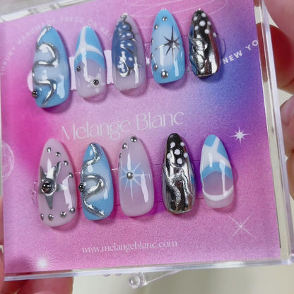 PO059 blue y2k abstract chrome press on nails