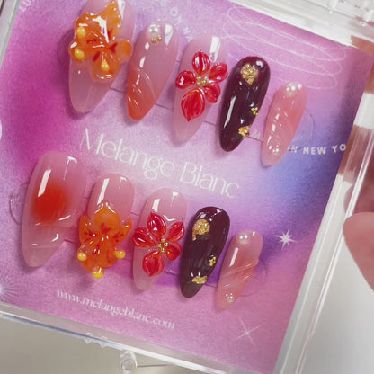 PO081 3D flower autumn almond press on nails