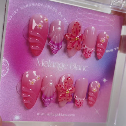 PO079 3D pink orchid flower press on nails