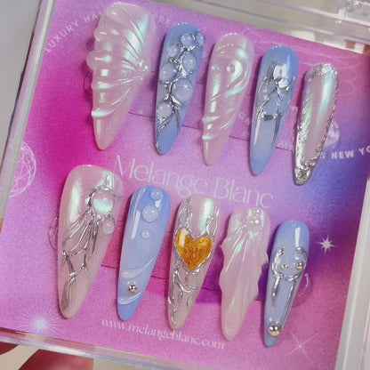 PO073 3D blue seashell ocean stiletto press on nails