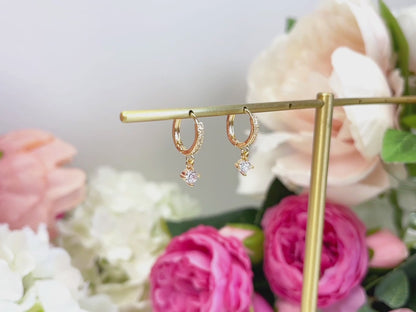 E156 gold solitaire dangle paved huggie hoop earrings