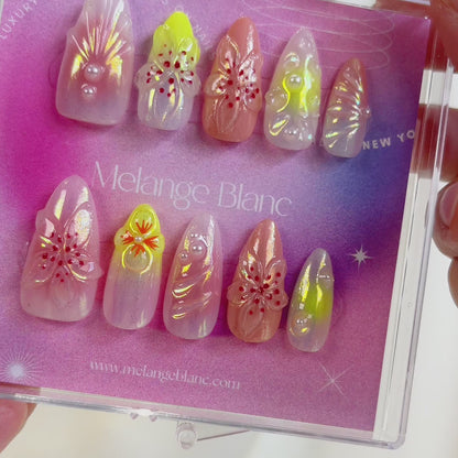 PO061 3d flower aurora iridescent press on nails