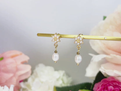 E159 pearl flower dangle drop earrings