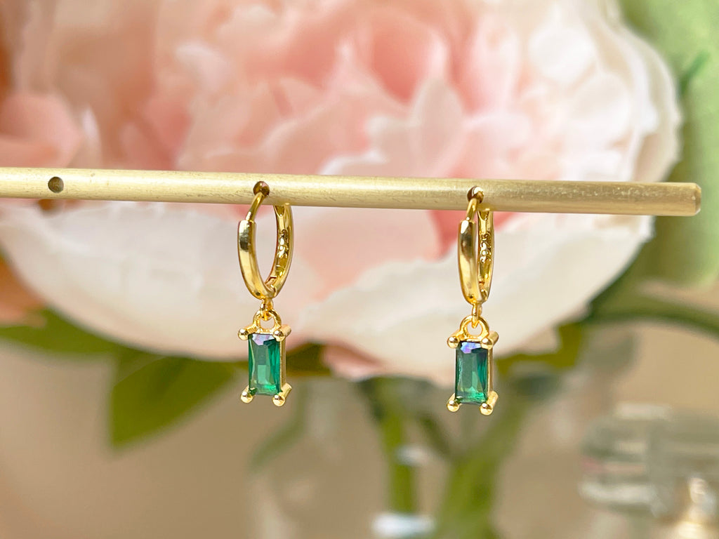 E150 18k gold emerald huggie hoop earring, emerald earrings