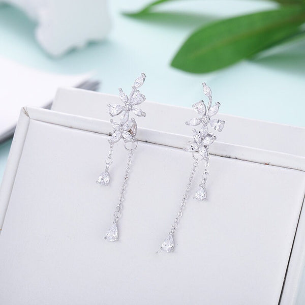 lila dainty crystal flower dangle drop stud earrings