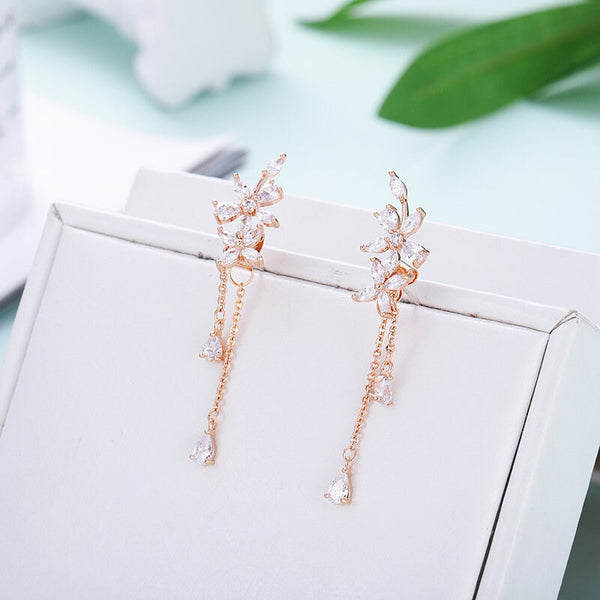 lila dainty crystal flower dangle drop stud earrings